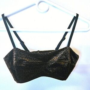 Malia Mills Y2K Velour Velvet Brown/Black Leopard Bandeau Bikini Top Sz P/XS